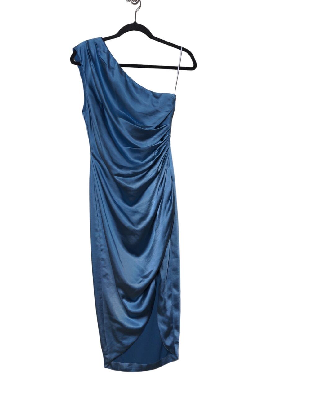 ELLIATT Cassini One Shoulder Party Dress Blue Ruched Drape Lined Midi Slit Zip S
